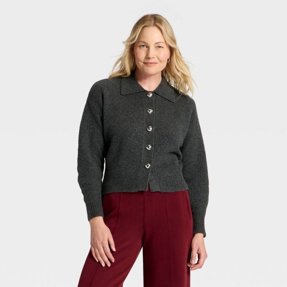 Women's Long Sleeve Heart Button Cardigan Sweater - A New Day Charcoal Gray XS